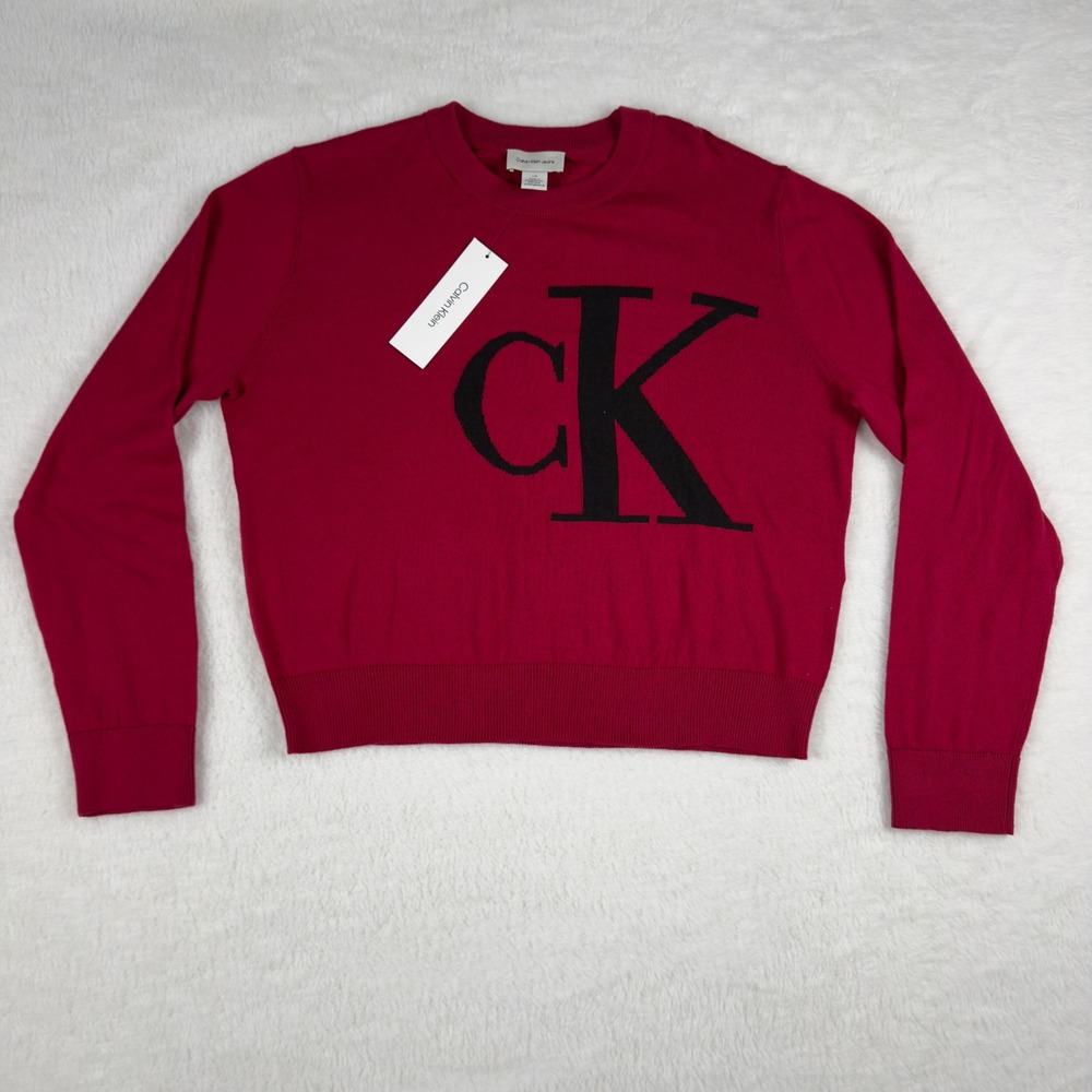 Calvin Klein Jeans Womens Royal Berry Pink CK Logo Crewneck Sweater Large NWT